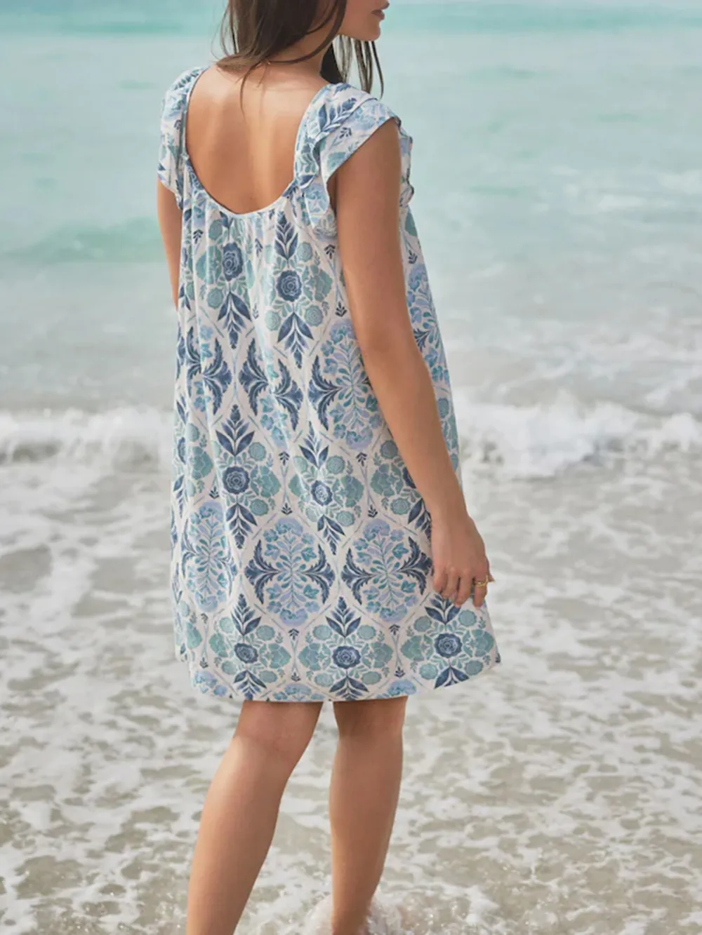 Leisure Loose Blue Floral Print V-Neck Dress