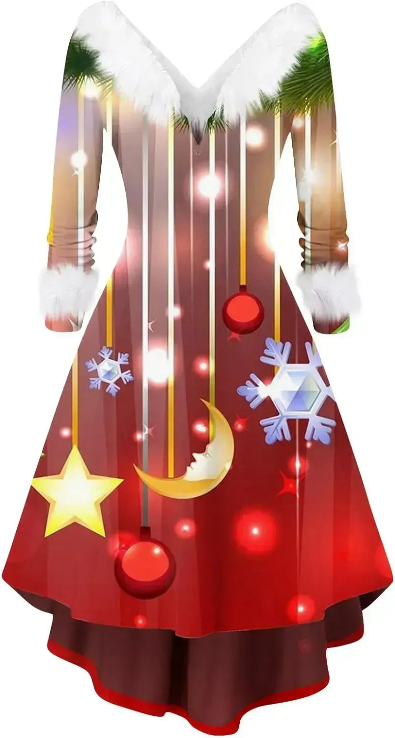 Womens Christmas Dress Fuzzy Mrs Claus Christmas Holiday Xmas Cocktail Holiday Party Flare Dress