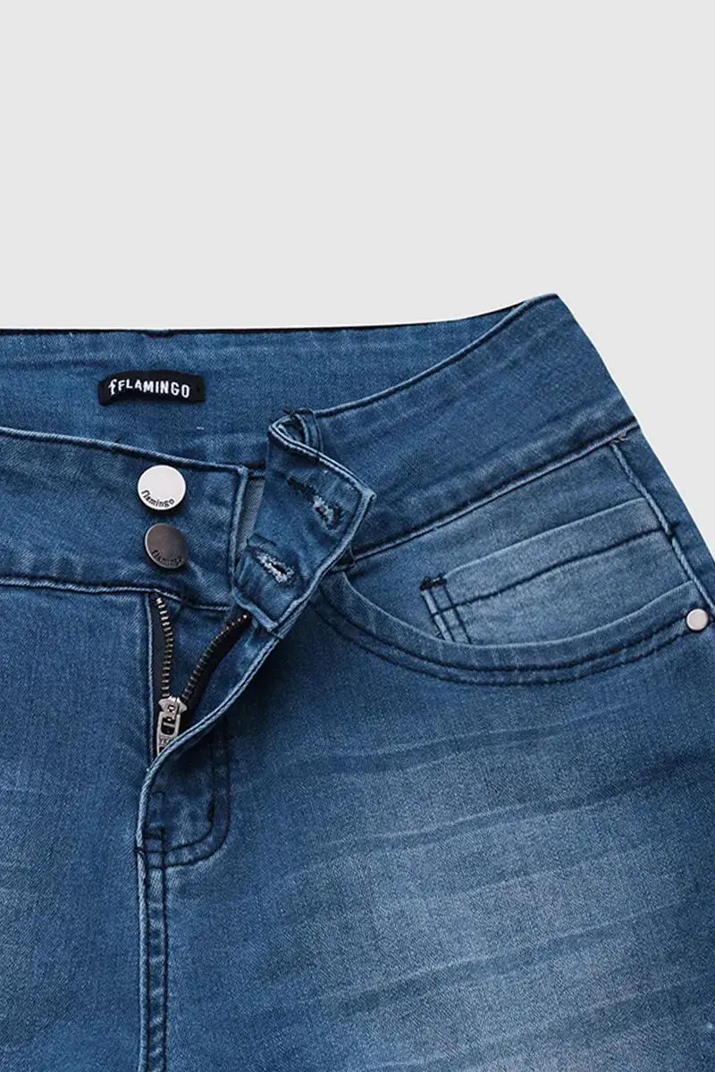 Double Button Roll Hem High Waist Denim Mid Thigh Shorts