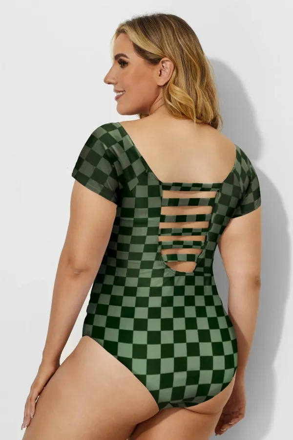 Green Check Modest Elastic One Piece Swimsuit