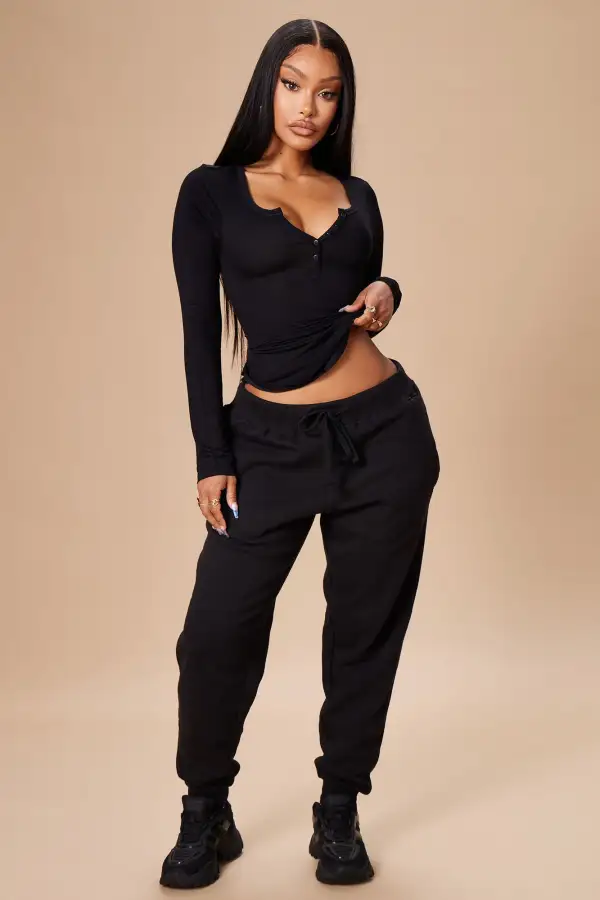 Nelida Long Sleeve Henley Tee - Black