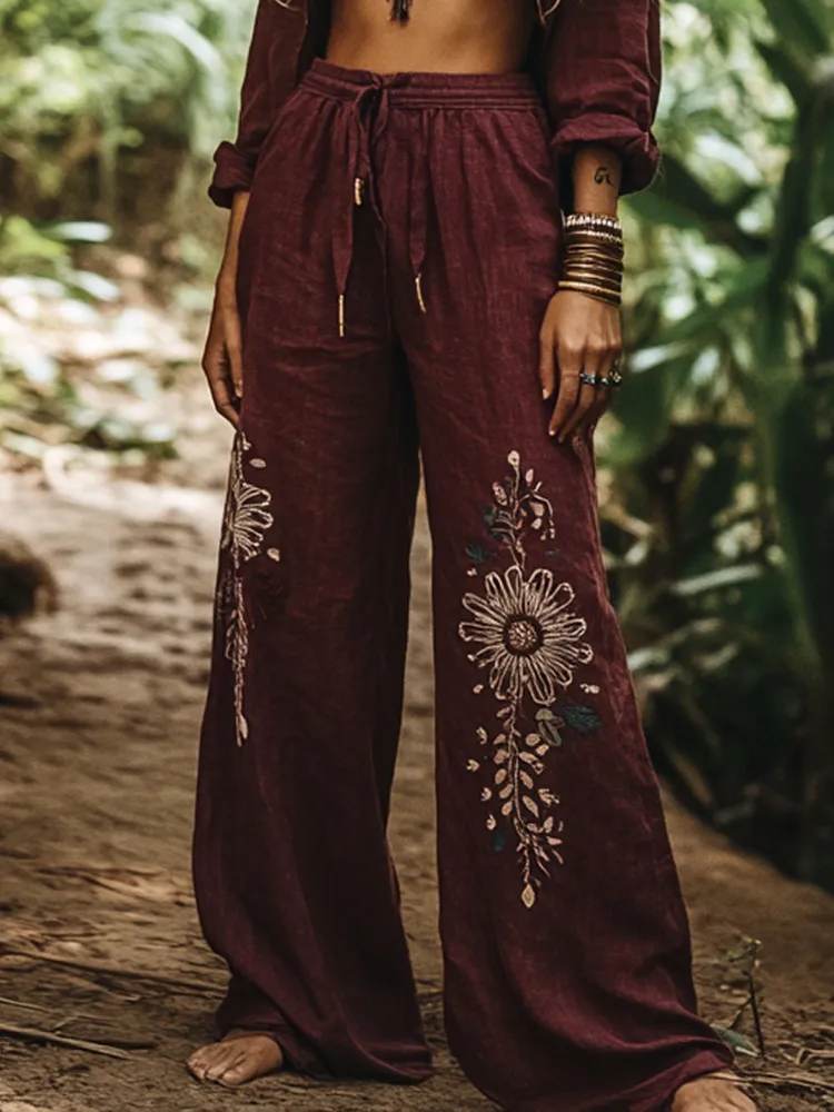 Vintage Bohemian Holiday Style Floral Art Printed Cotton Linen Wide Leg Pants