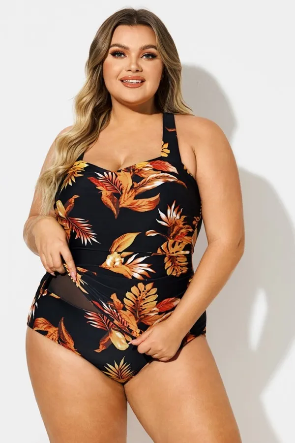 Leaf Print H-Back Sarong Front One Piece Swimsuit