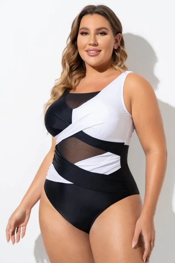 Black & White Sexy Cut Out Mesh One Piece Swimsuit