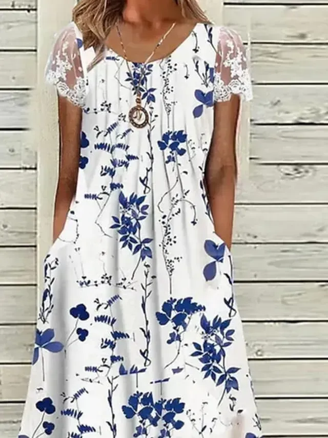 Women's Casual Dress Midi Dress White Short Sleeve Floral Ruched Dress