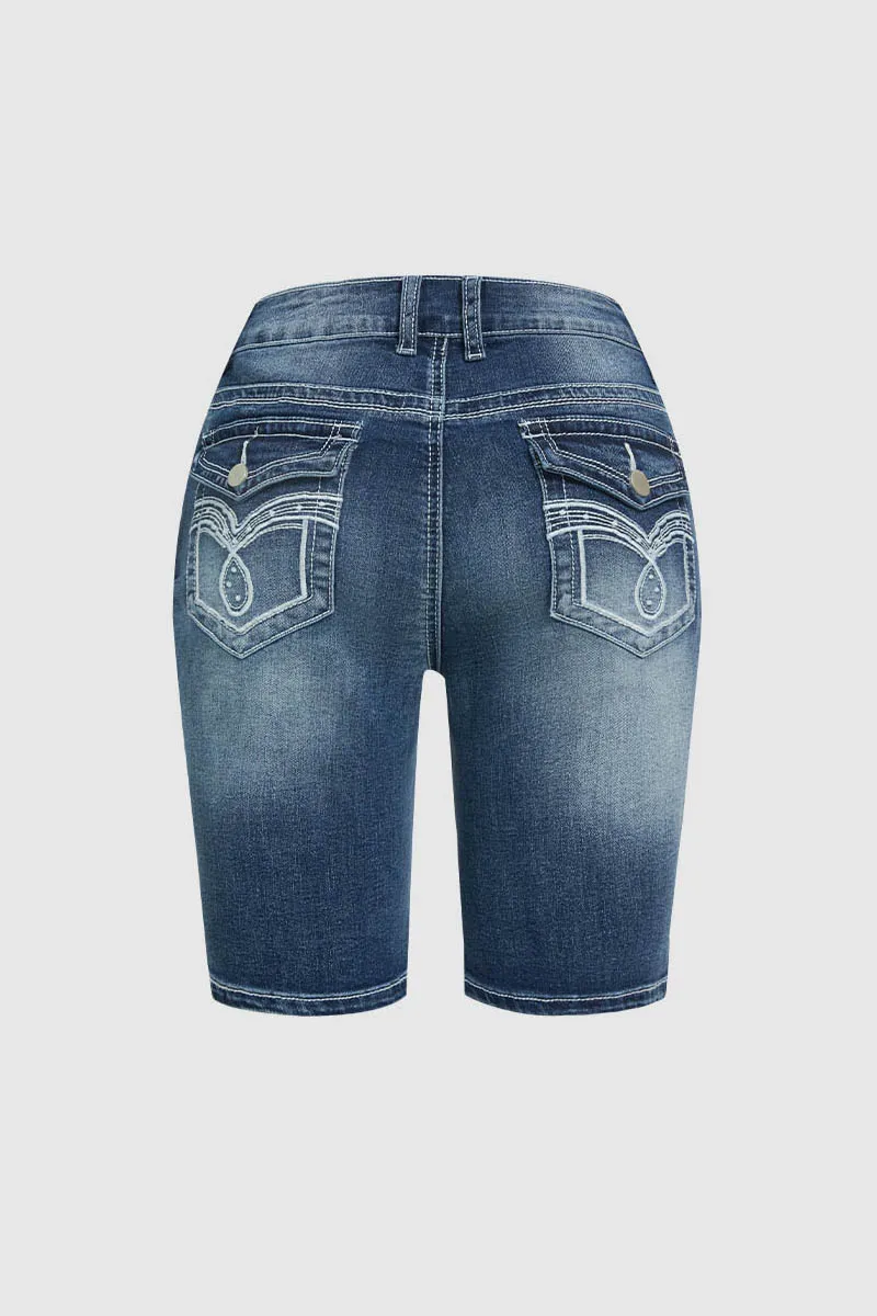 Embroidery Flap Pocket High Rise Denim Mid Thigh Shorts