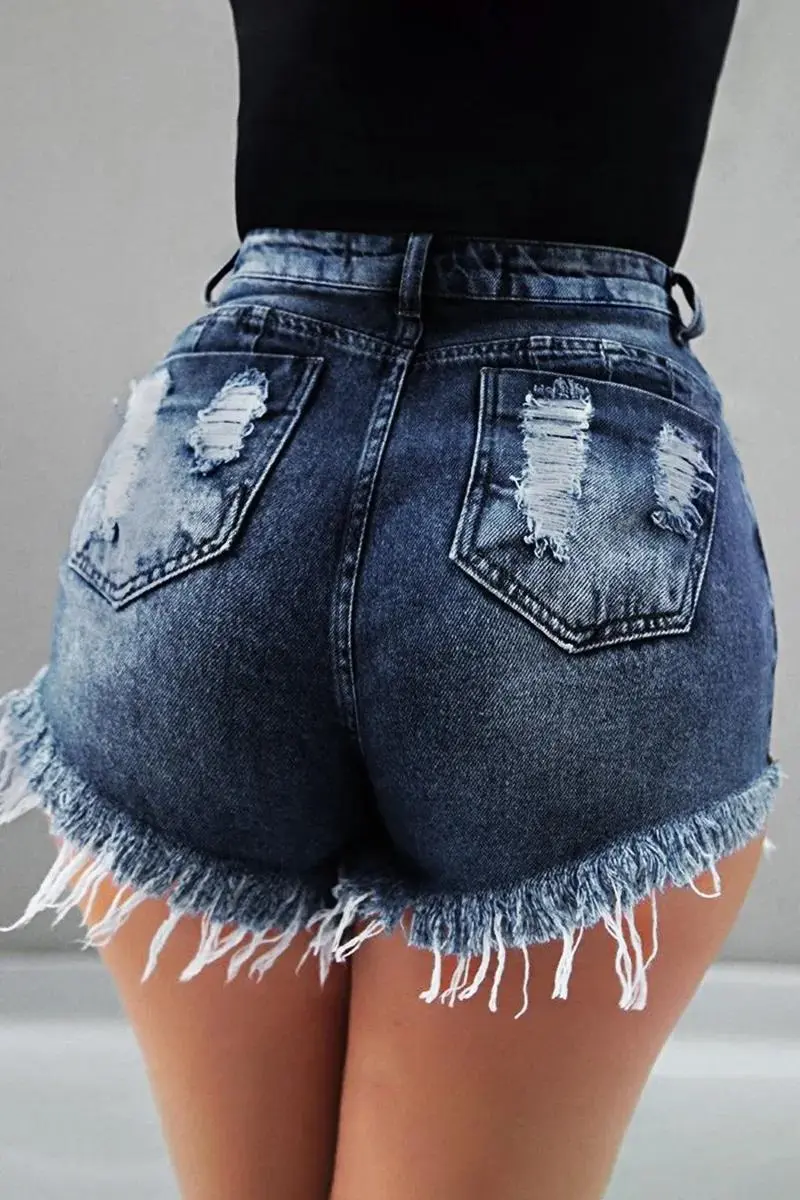 Wash Raw Hem Ripped High Rise Denim Shorts