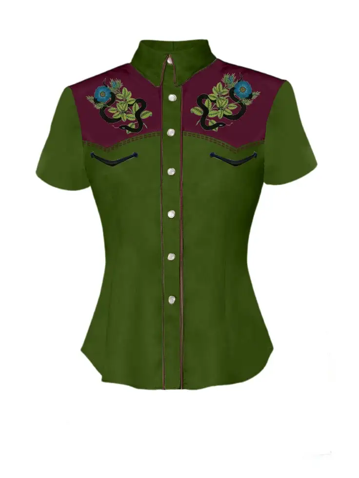 Vintage Snake And Blue Rose Printed Western Shirt