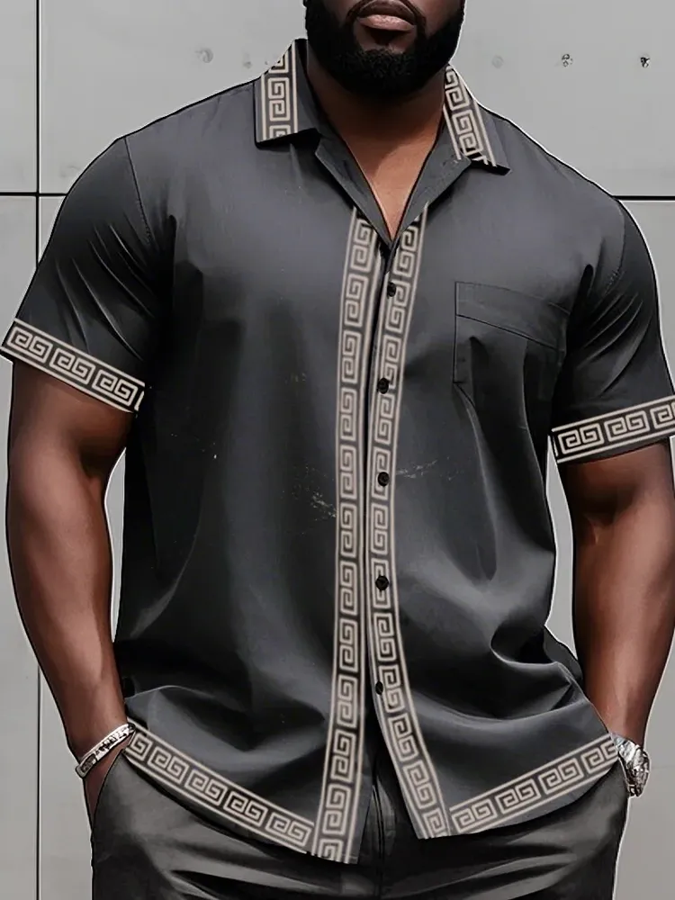 Big Man'S Retro Daily Casual Edge Color Block Printing Short Sleeve Shirt Shorts Suit