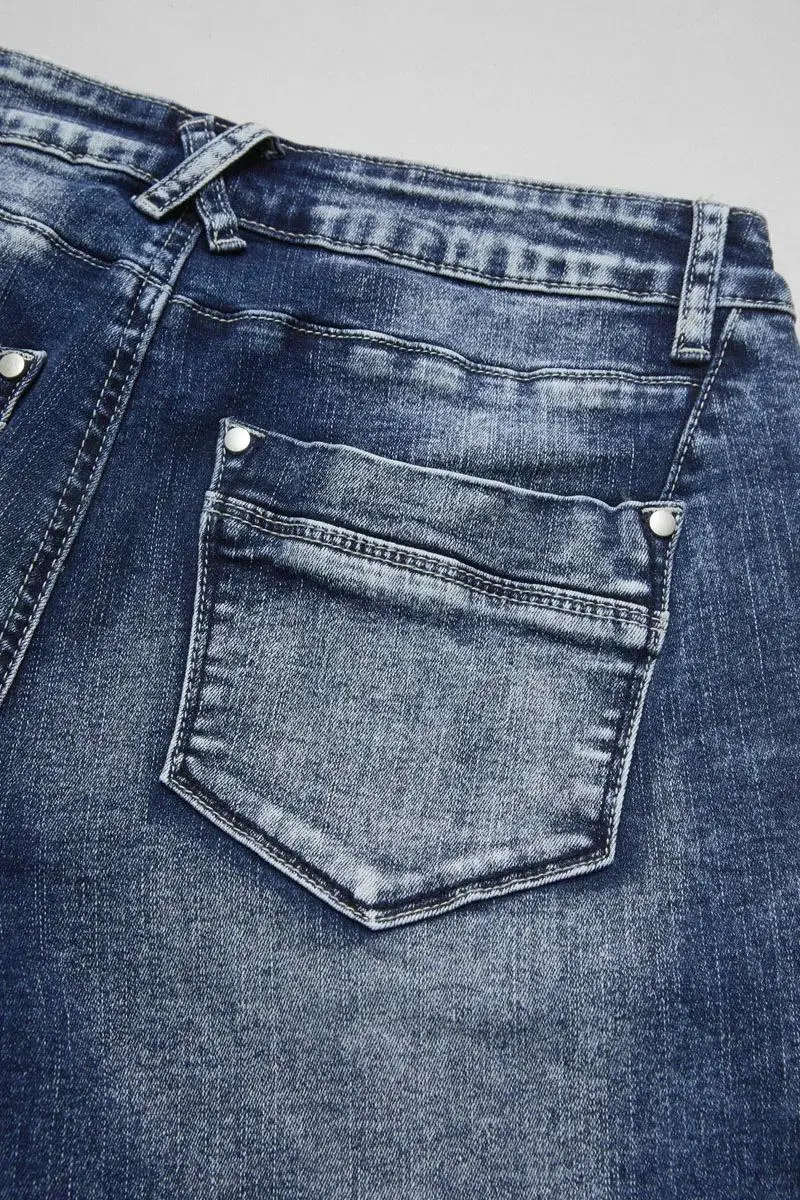 Zip Pocket Roll Hem Mid Waist Crop Jeans Without Belt