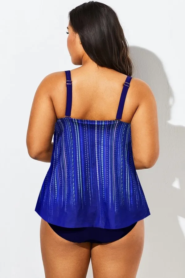 Blue Striped Flowy Sweetheart Neckline Underwire Tankini Top