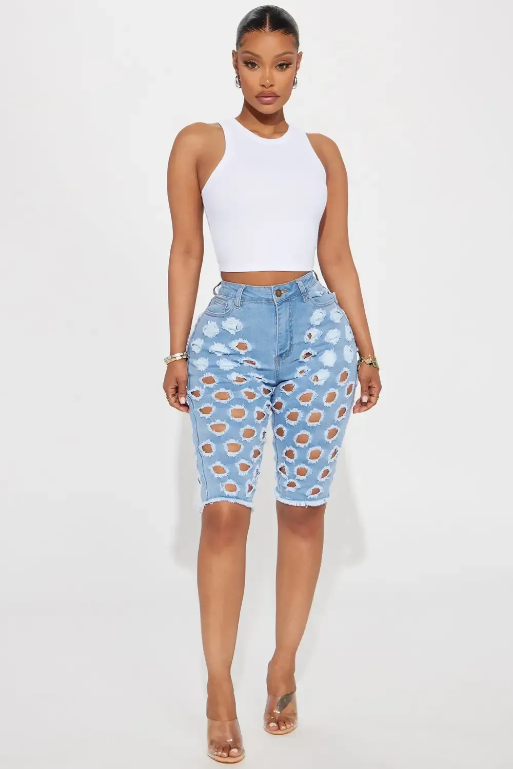 Vidia Stretch Ripped Denim Bermuda Shorts - Light Wash