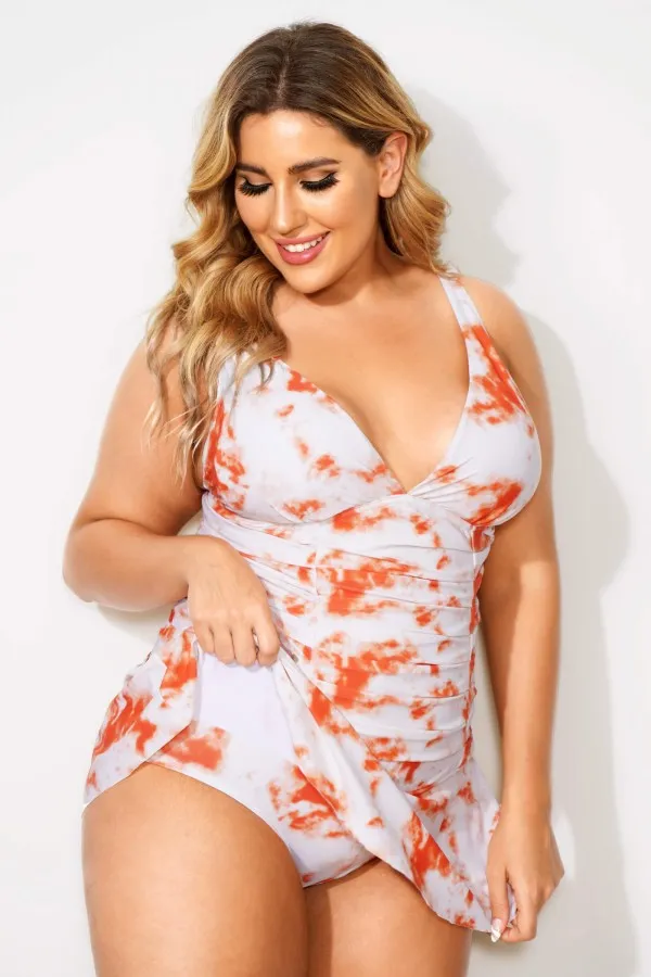 Tie-Dye Shirred V-Neck Elegant Lady Swimdress