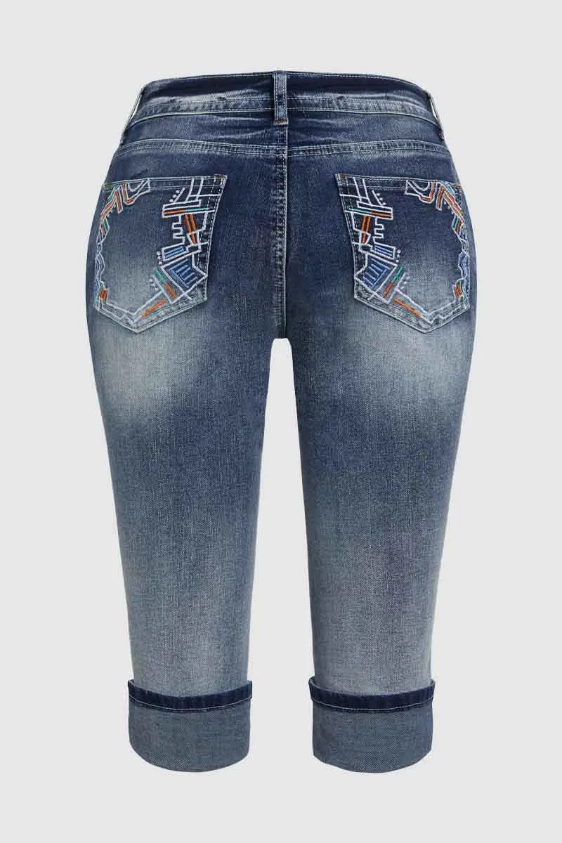 Embroidered Wash High Stretch Low Waist Capri Jeans