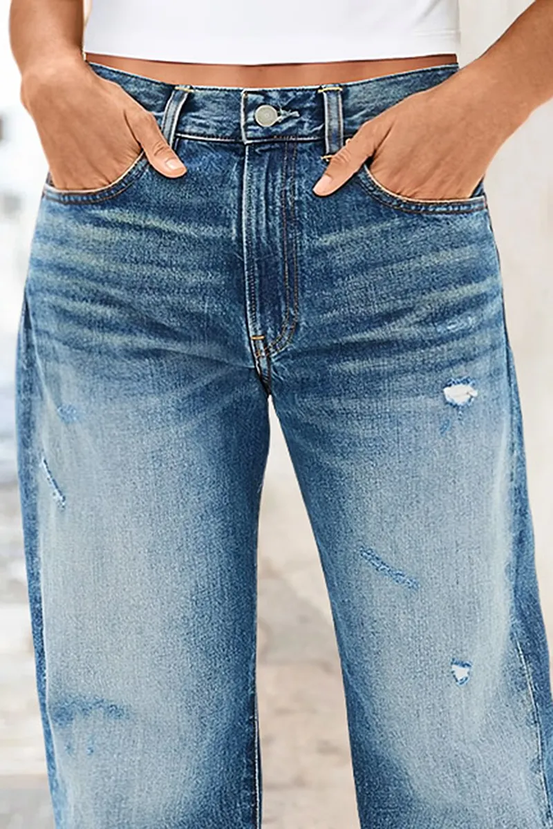 Crease Ripped High Waist Barrel Leg Cropped Jeans