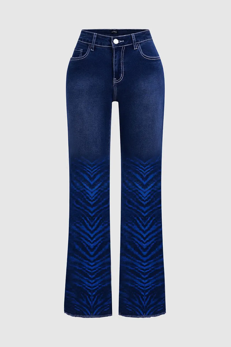 Zebra Striped Beaded Mid Waist Bootcut Jeans Without Belt