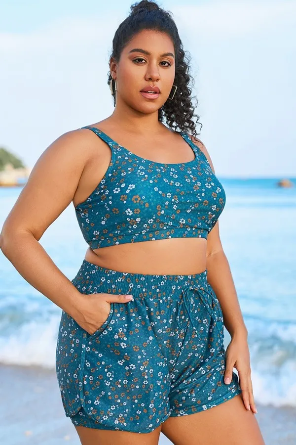 Plus Size Round Neck Black Patchwork Bikini Top