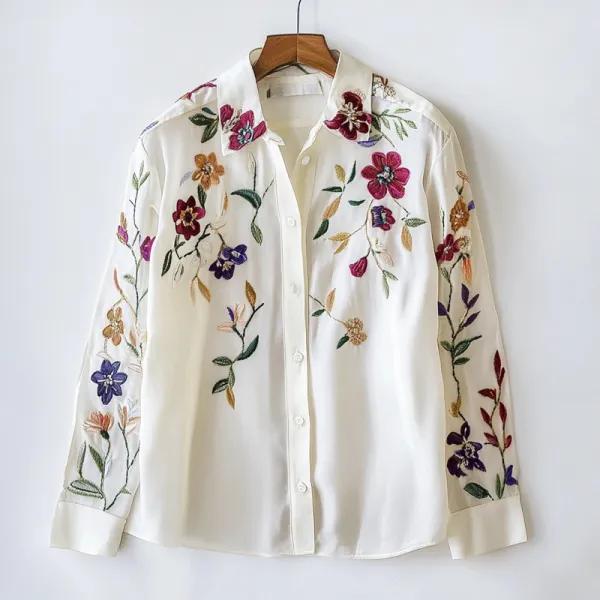 Floral Embroidery Women's Long Sleeve Shirt