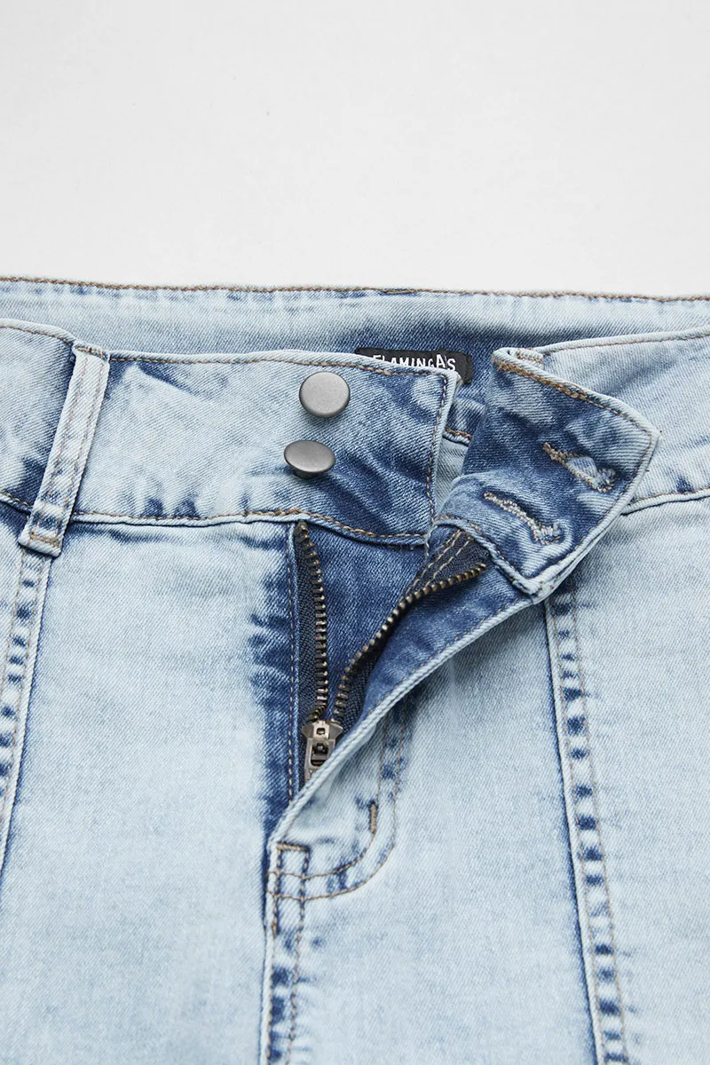 Multi Pocket Double Button Mid Rise Flare Cargo Jeans