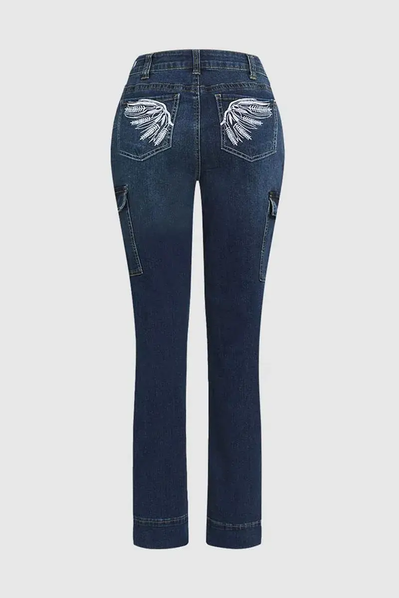 Wash Embroidery Pocket Back Flap Pocket Mid Rise Bootcut Jeans