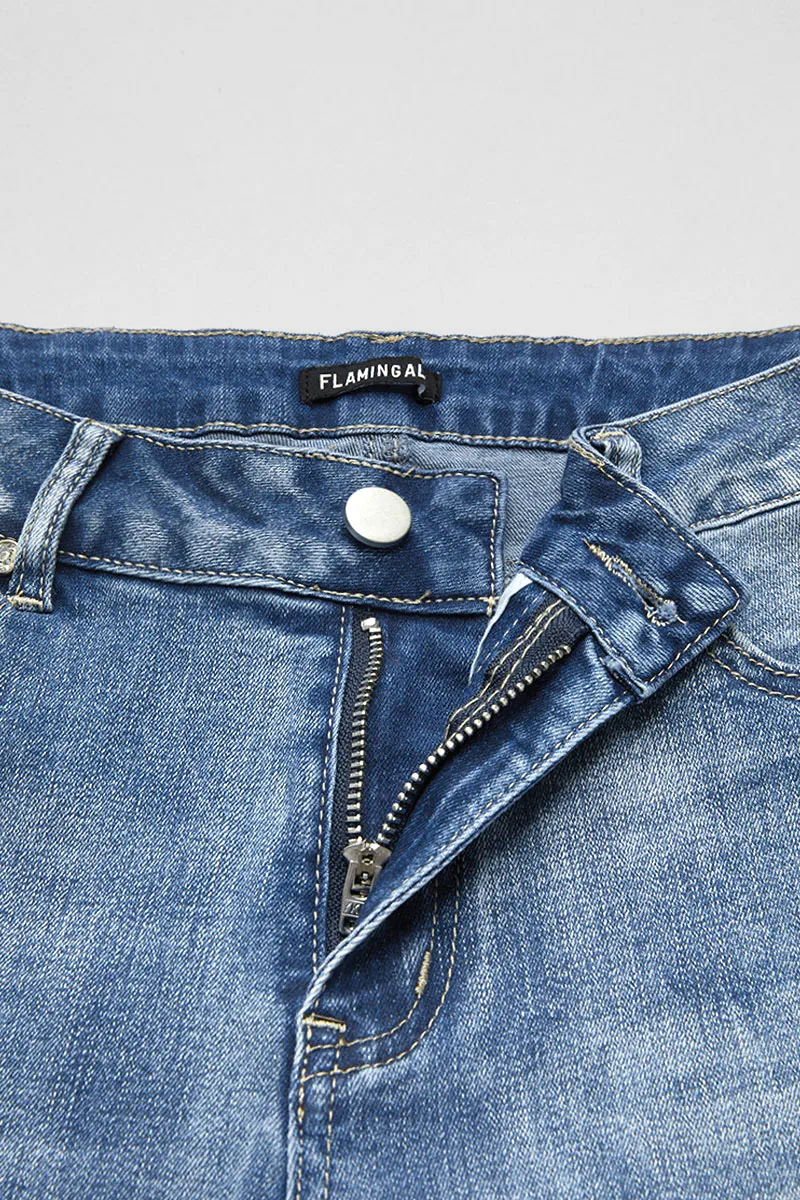 Floral Embroidery Raw Hem Mid Rise Denim Bermuda Shorts