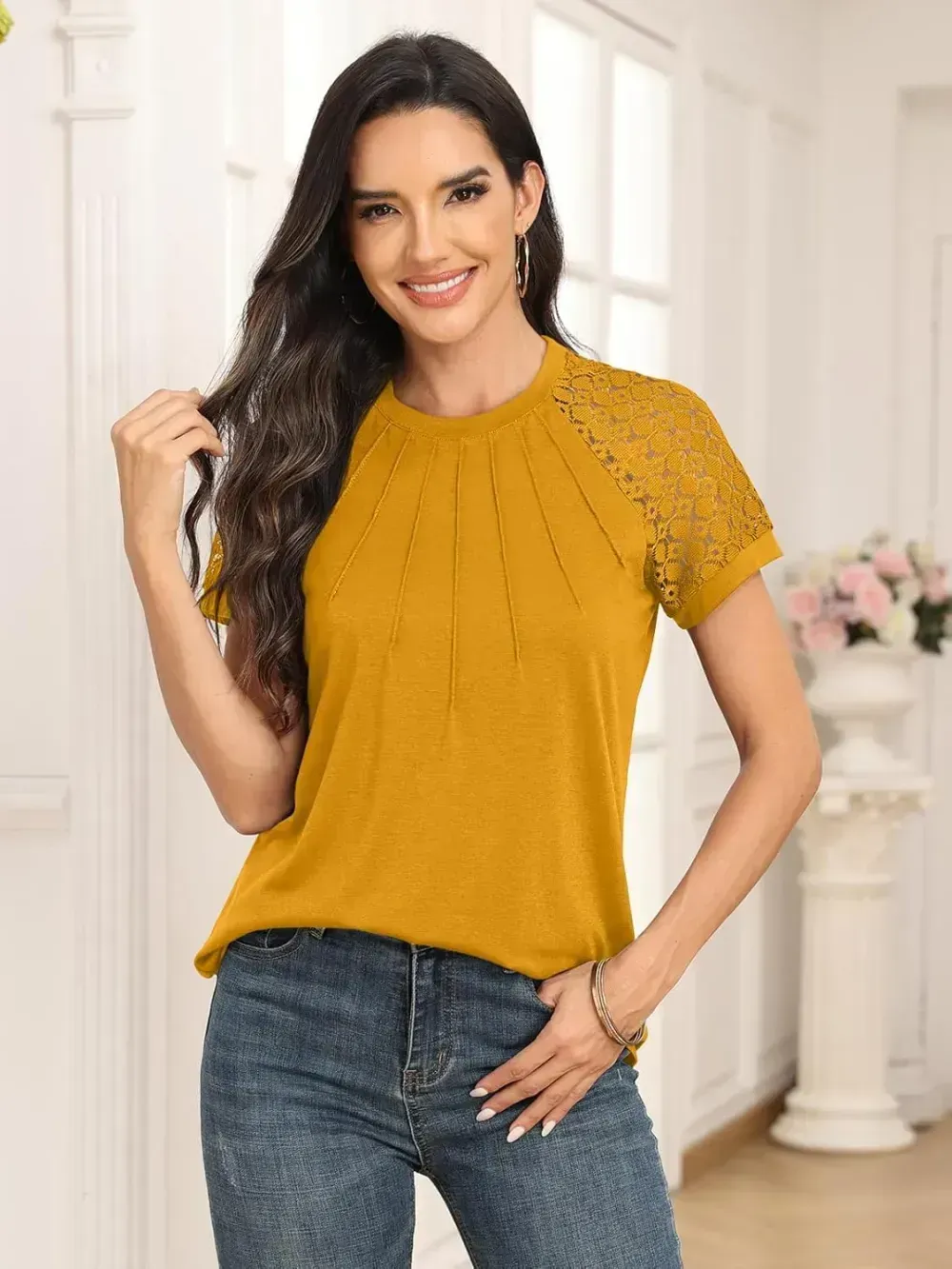 AUTOMET Womens Tshirts Trendy Fashion Tops Lace Short Sleeve Business Tee Shirts Casual Knitted Blouses Summer Outfits 2024