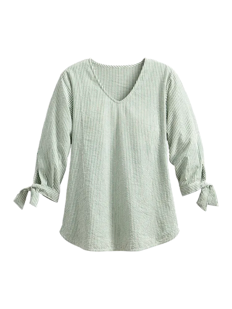 Seersucker Tunic Top With Tie Cuffs