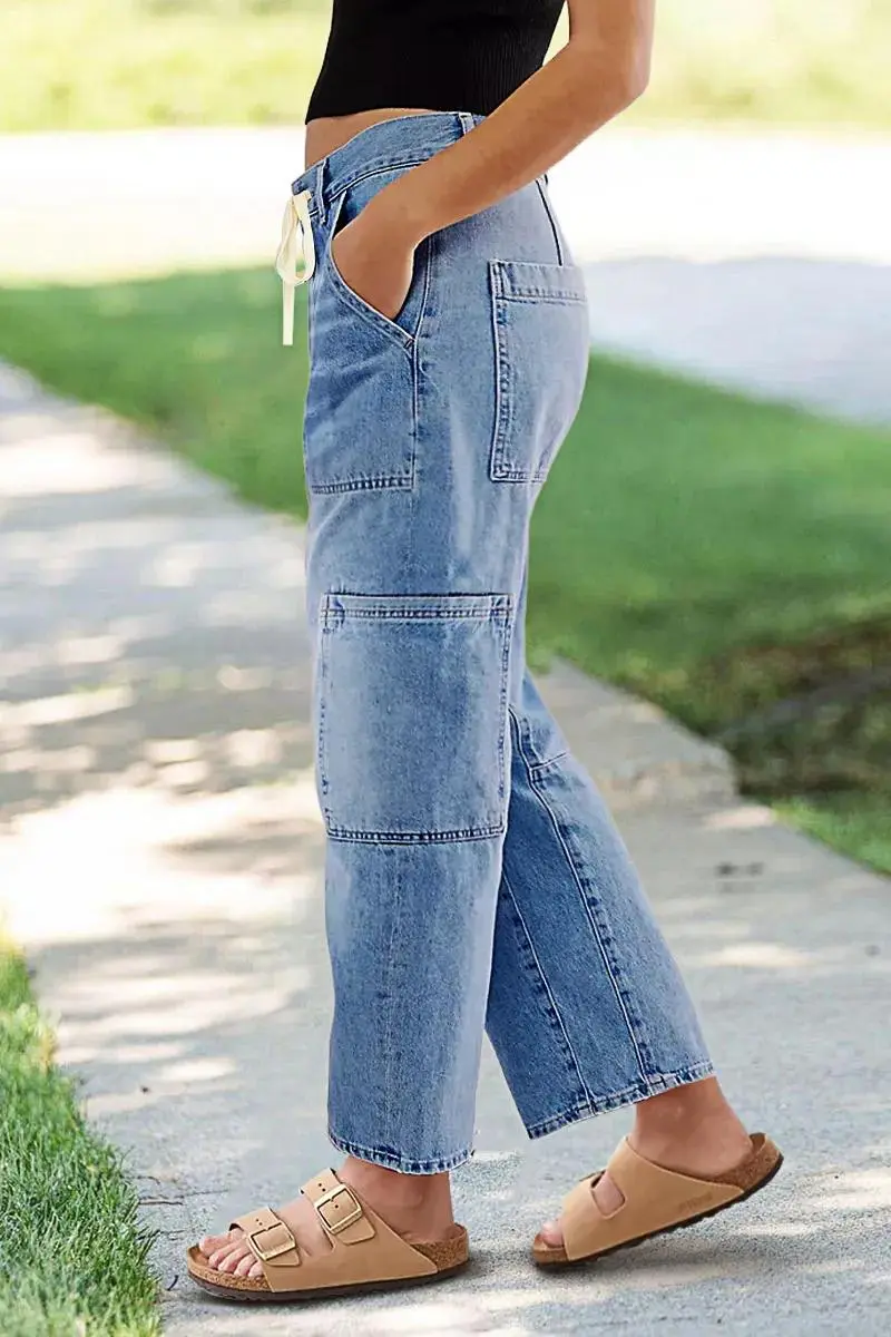 Wash Multi Pocket Stitch Drawstring Mid Waist Barrel Leg Jeans