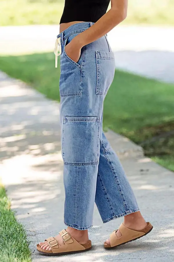 Wash Multi Pocket Stitch Drawstring Mid Waist Barrel Leg Jeans