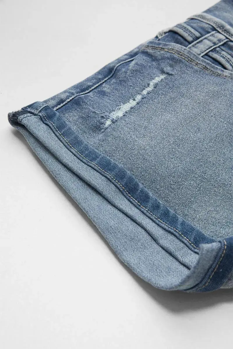 Ripped Roll Hem Button Up High Rise Denim Shorts
