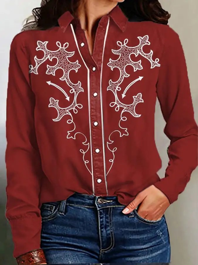 Women's Vintage Western Print Long Sleeve Shirt