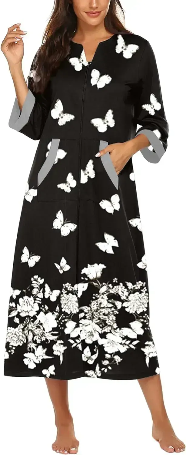 Women Zipper Robe 3/4 Sleeves Loungewear Dress Full Length Sleepwear Pockets Housecoat Nightgown Long Bathrobe