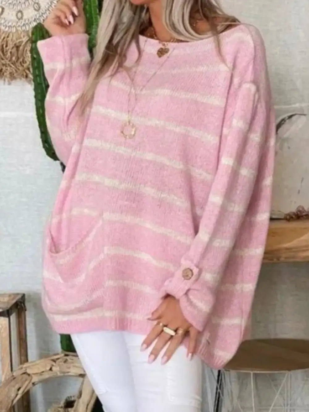Women's Striped Contrast Pocket Crew Neck Sweater