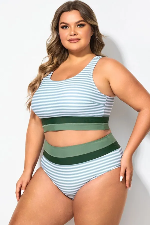 Plus Size Round Neck Black Patchwork Bikini Top