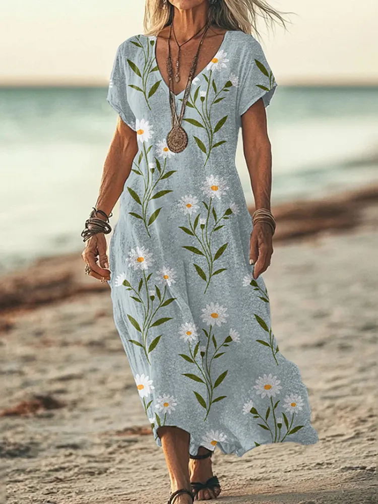 Daisy Print V-neck Short Sleeved Linen Blend Midi Dress