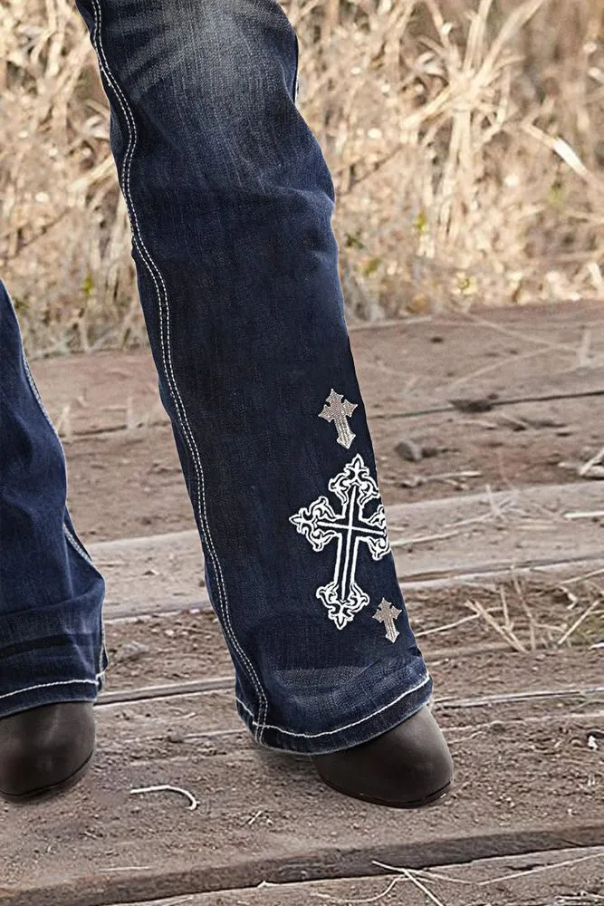 Wash Cross Embroidery Low Rise Bootcut Jeans