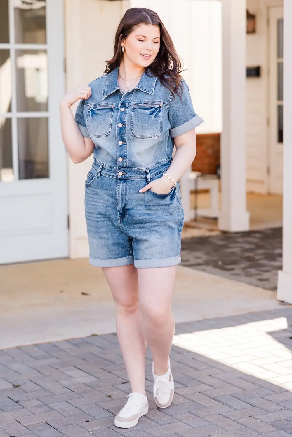 Judy Blue: Out And About Romper, Medium Wash