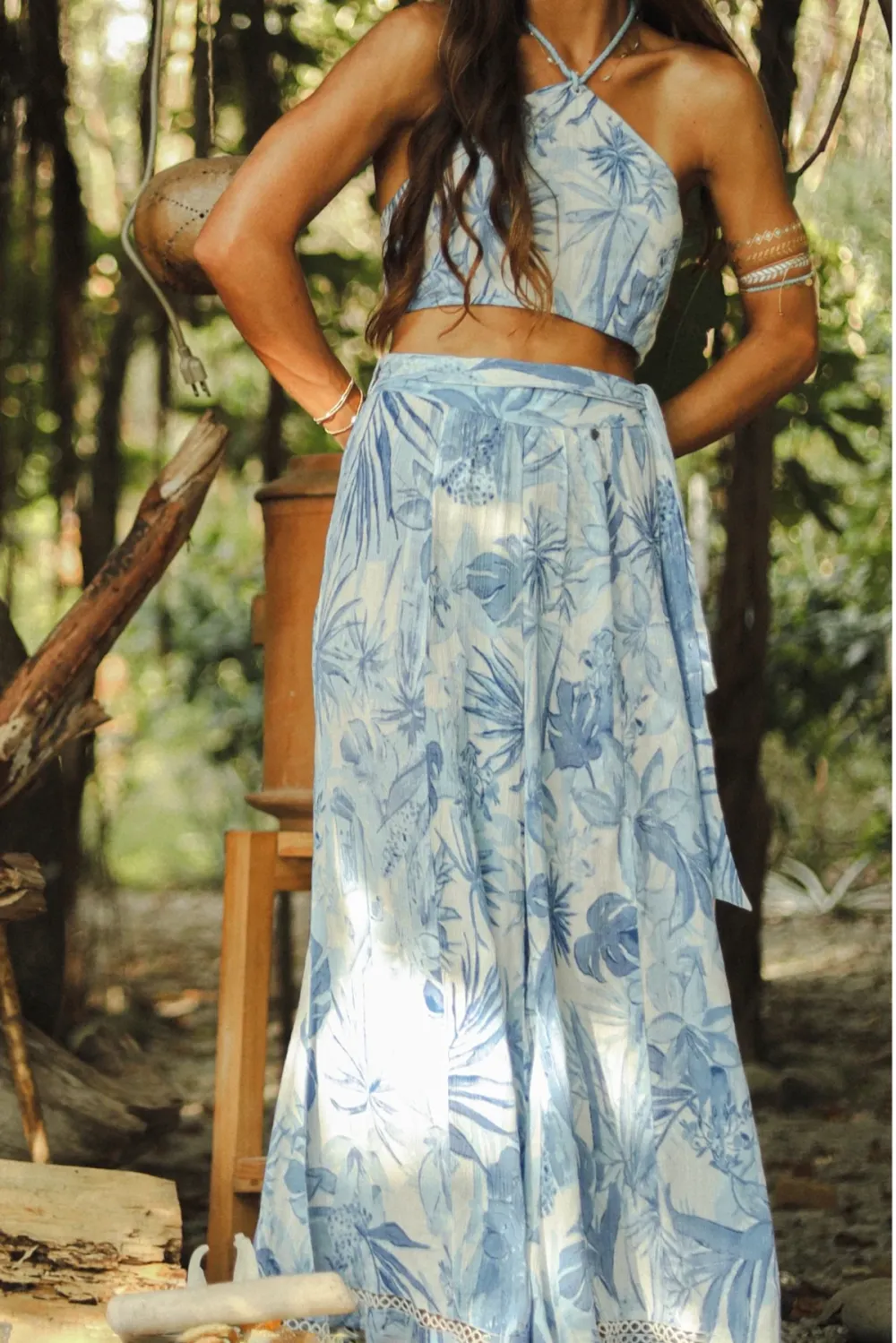 Blue And White Palm Print Wide Leg Pants