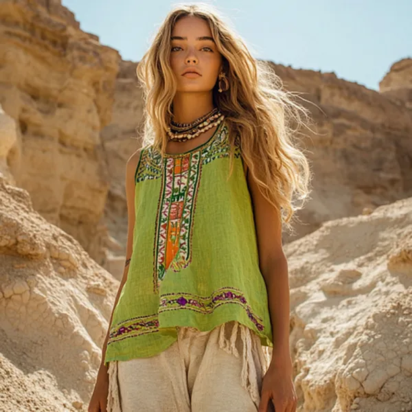 Women's Retro Loose Bohemia Ethnic Style Linen V-neek Sleeveless Top