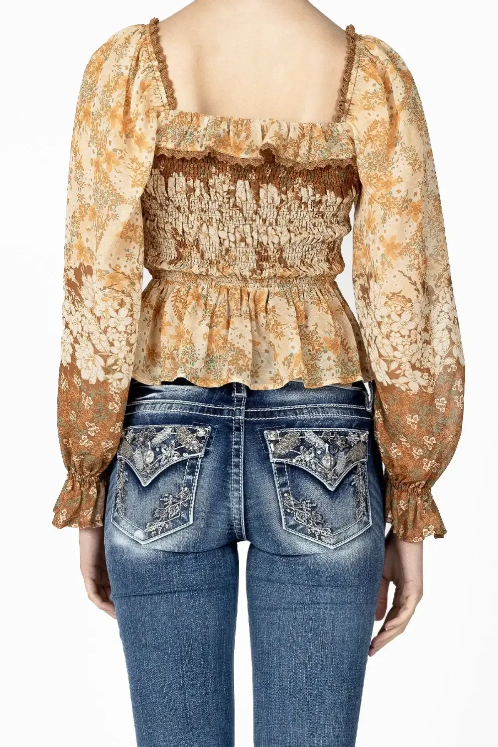 Mixed Orange Floral Smocked Blouse