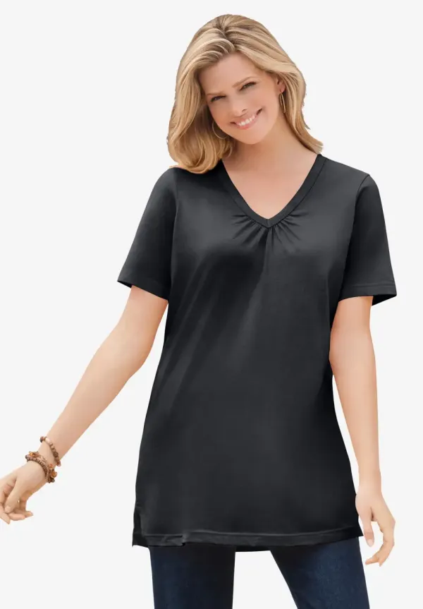 Perfect Short-Sleeve Shirred V-Neck Tunic