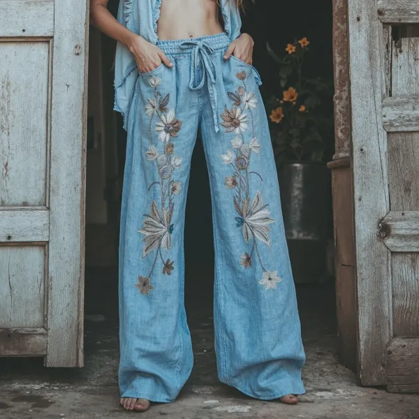 Women's Retro Linen Bohemian Ethnic Flowers Art Long Loose Wide-leg Trouser Pants