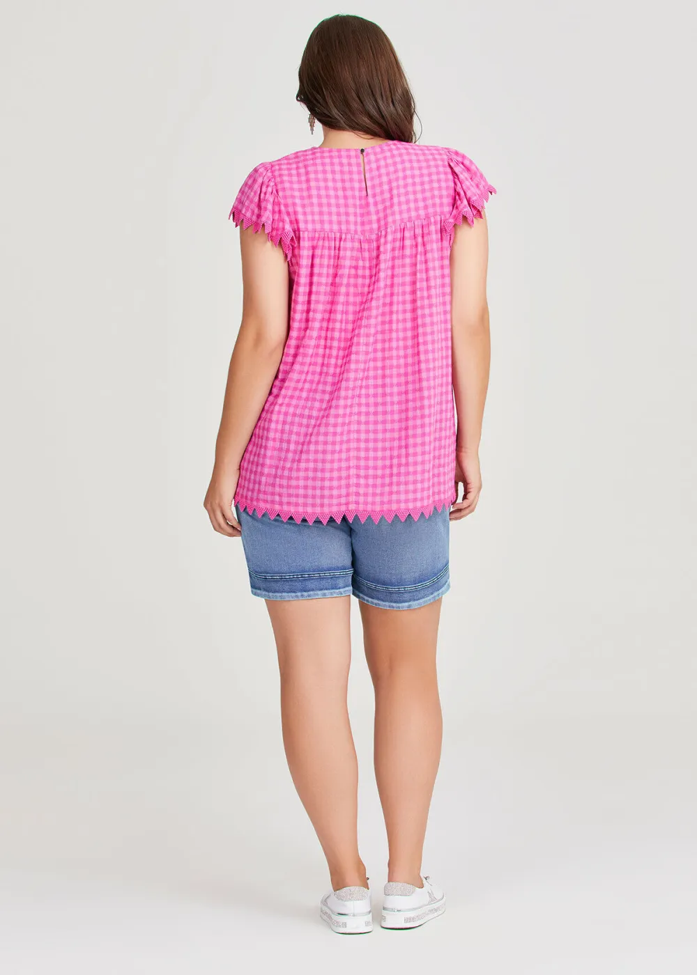 Natural Lace Trim Gingham Top