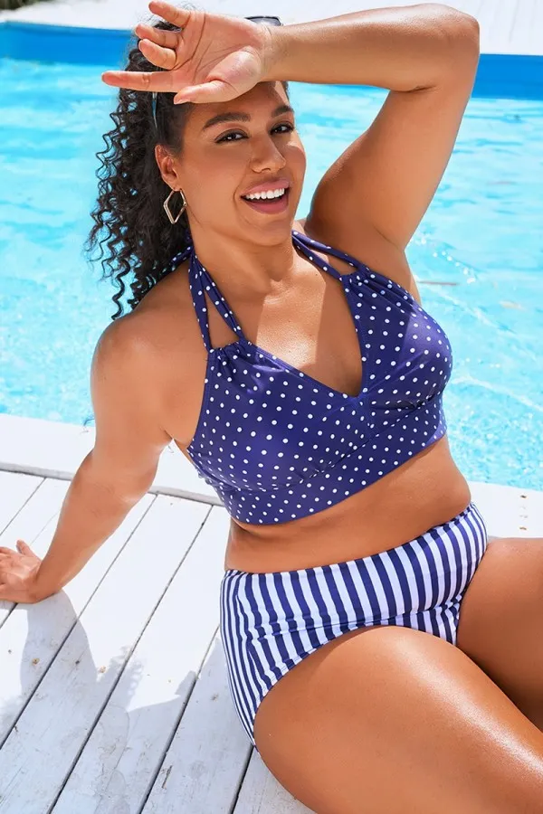 Blue Polka Dots Printed Halter Sexy Bikini Top
