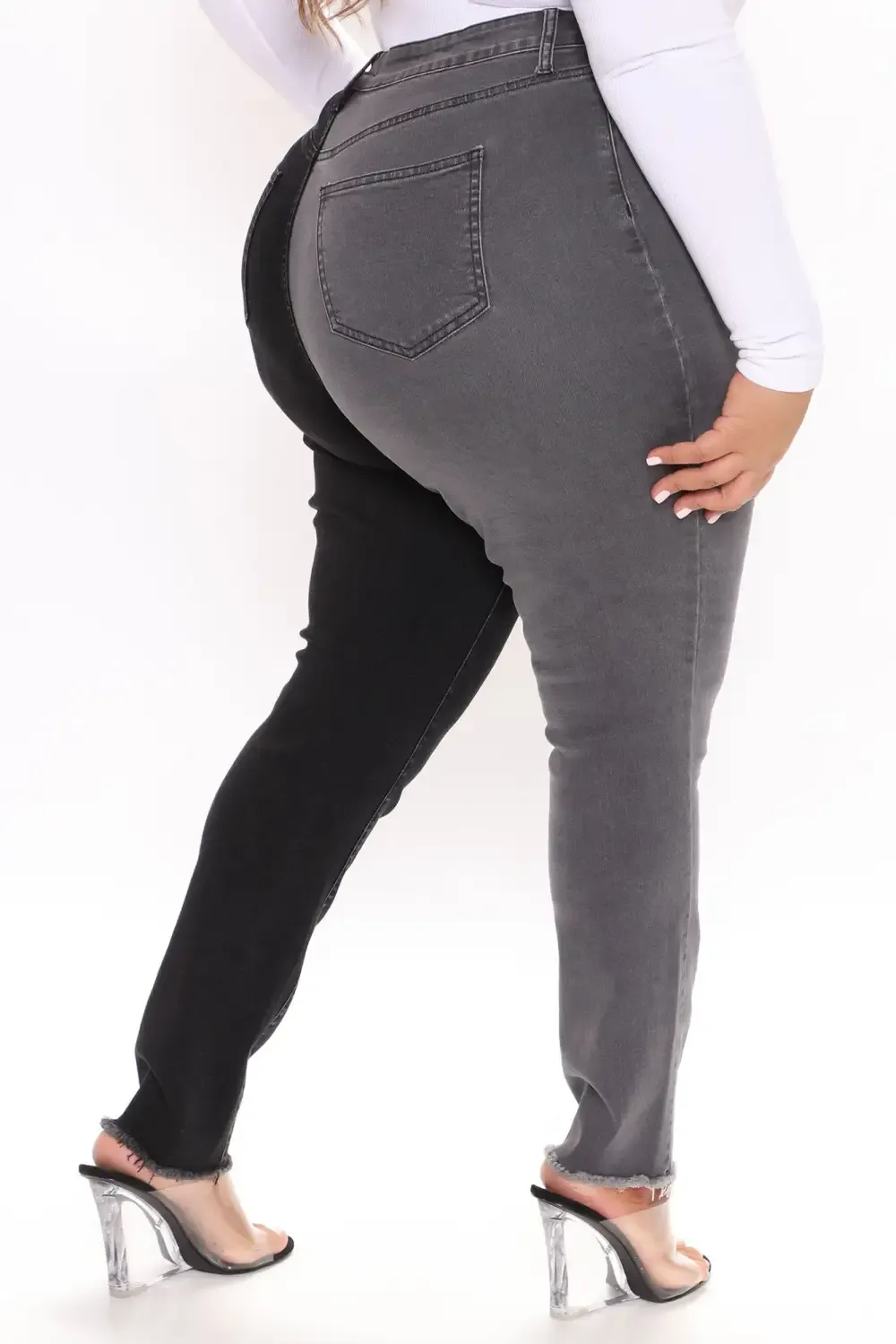 Half And Half Contrast High Rise Skinny Jeans - Black/Grey