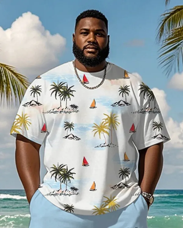 Big & Tall Men's Coconut Sailing Print Round Neck T-Shirt and Shorts Suit