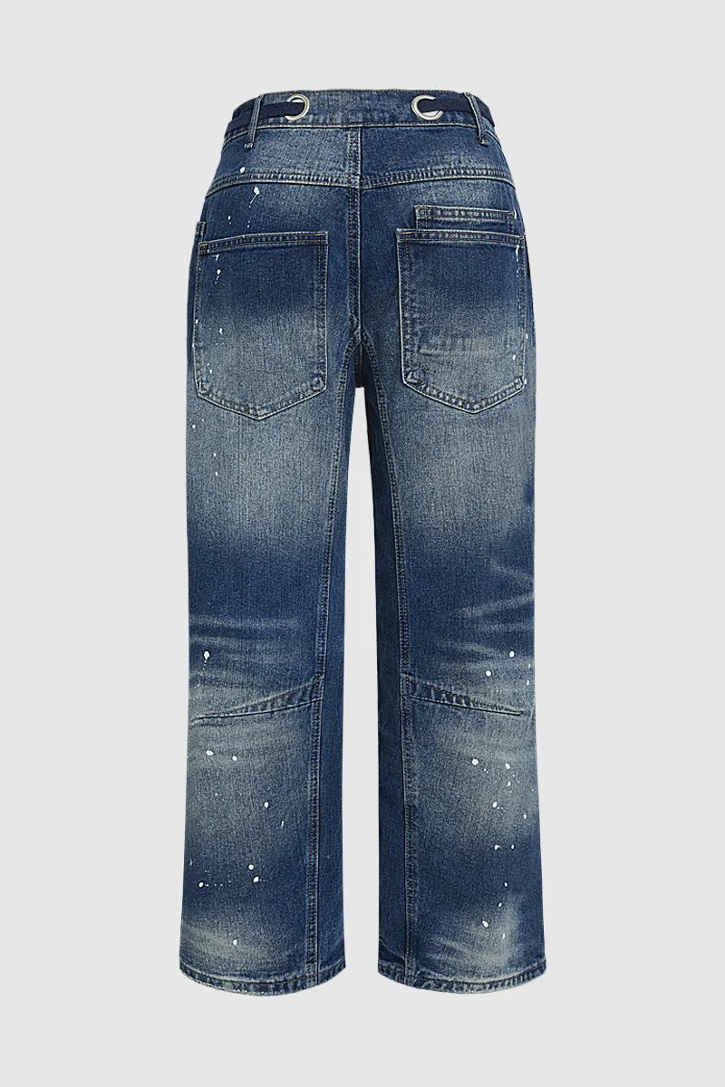 Drawstring Grommet Eyelet Mid Waist Barrel Jeans