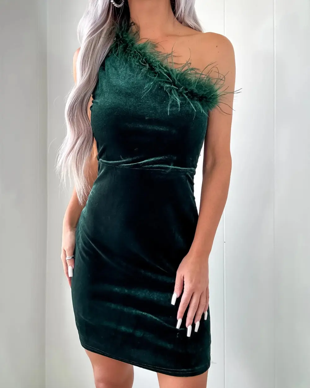 Feather Velvet Dress - Green