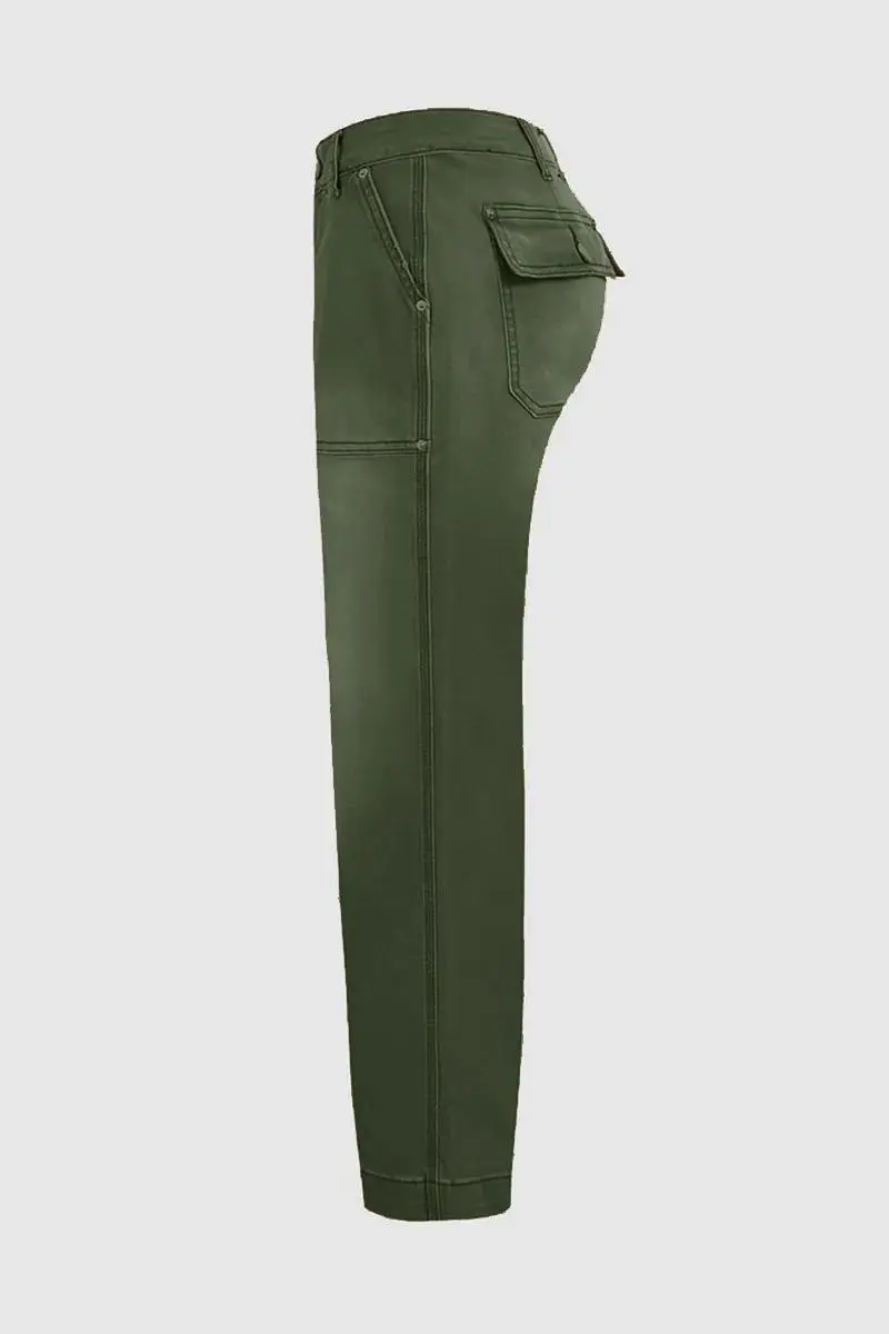 Flap Pocket Back Mid Waist Crop Pants Without Belt