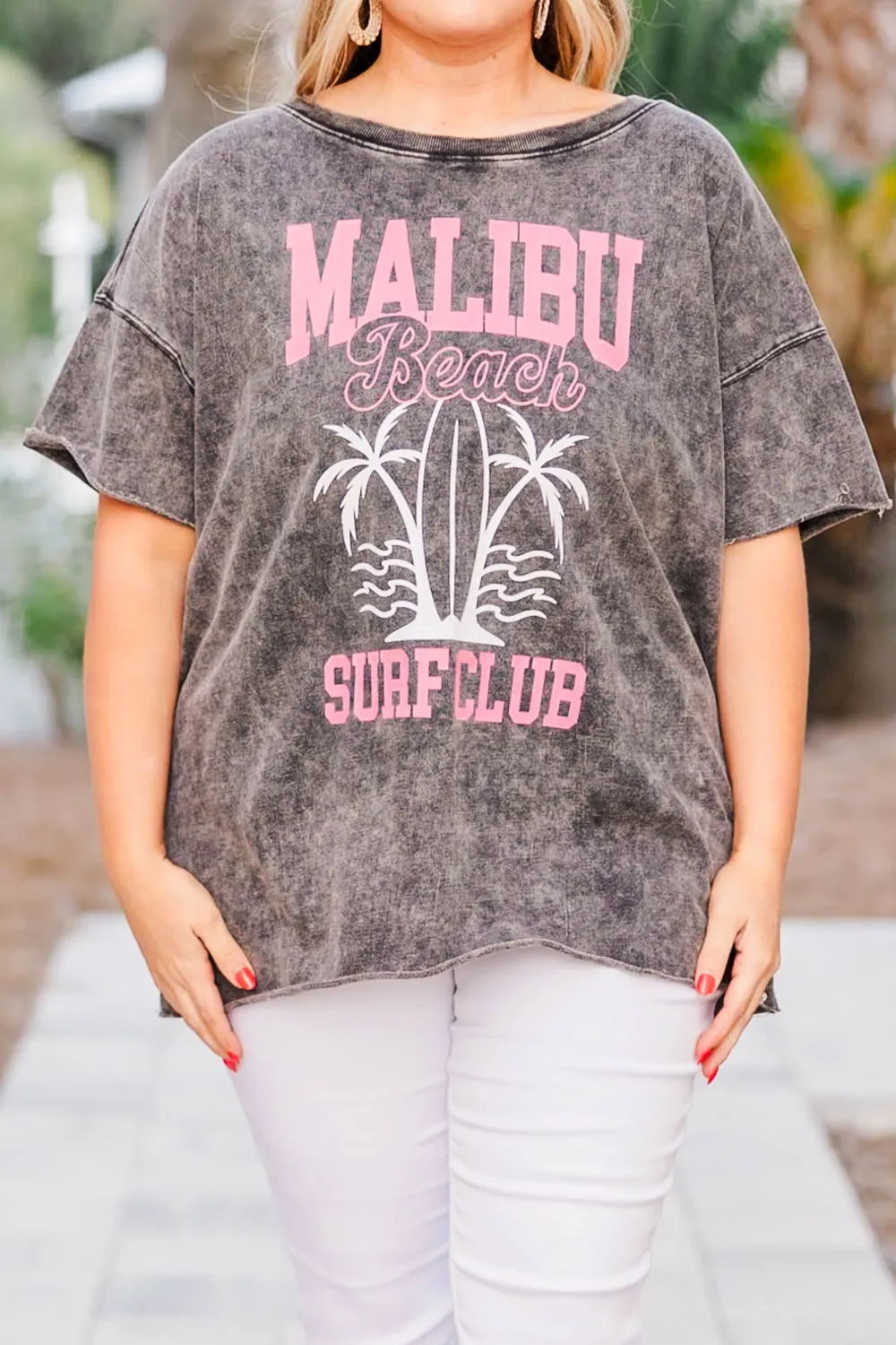 Malibu Surf Club Distressed Boyfriend Tee, Ash Black
